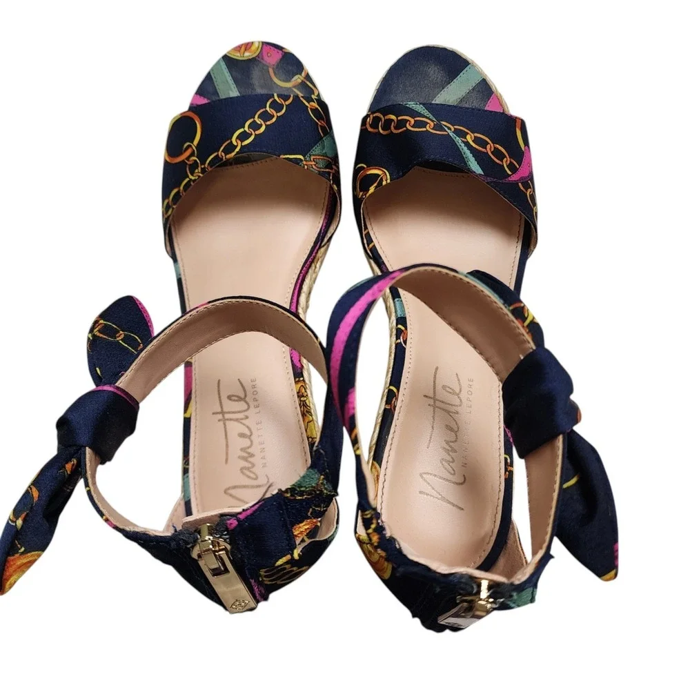 Nanette Lepore Womens Symphony Espadrille Wedge Sandal Size 8.5 Navy Chain Print